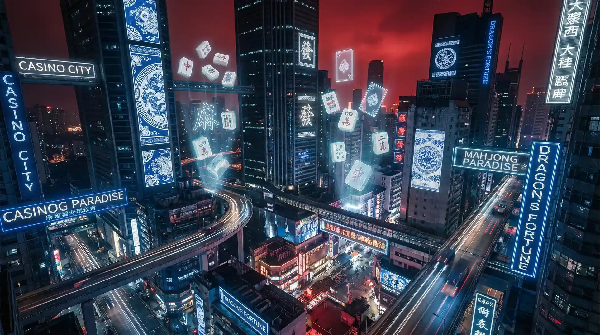 王者棋牌 赛博朋克青花瓷都市夜景全景